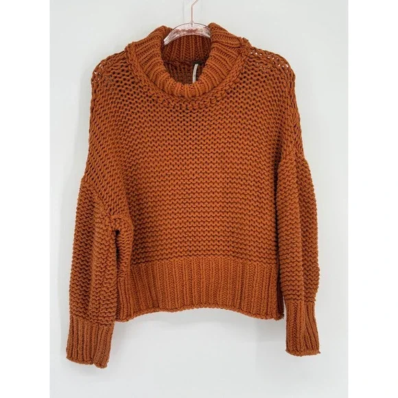 Free People Cowl Neck Chunky Knit Sweater Rust Orange Womens Sz M - Picture 1 of 8